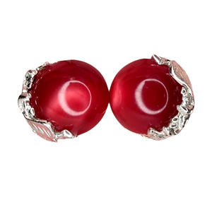 Vintage Red Thermoset Plastic Earrings Cherries? Apples? Silver Leaves